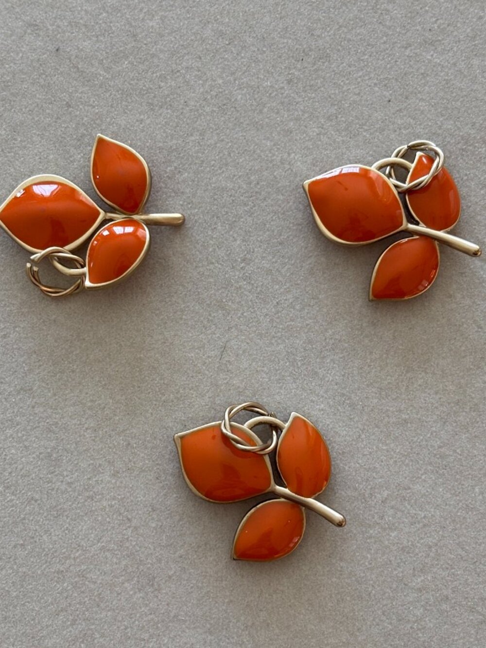 Set of 3 Orange Enamel Leaf Charms – Gold Tone – Vintage Style Jewelry Pendants